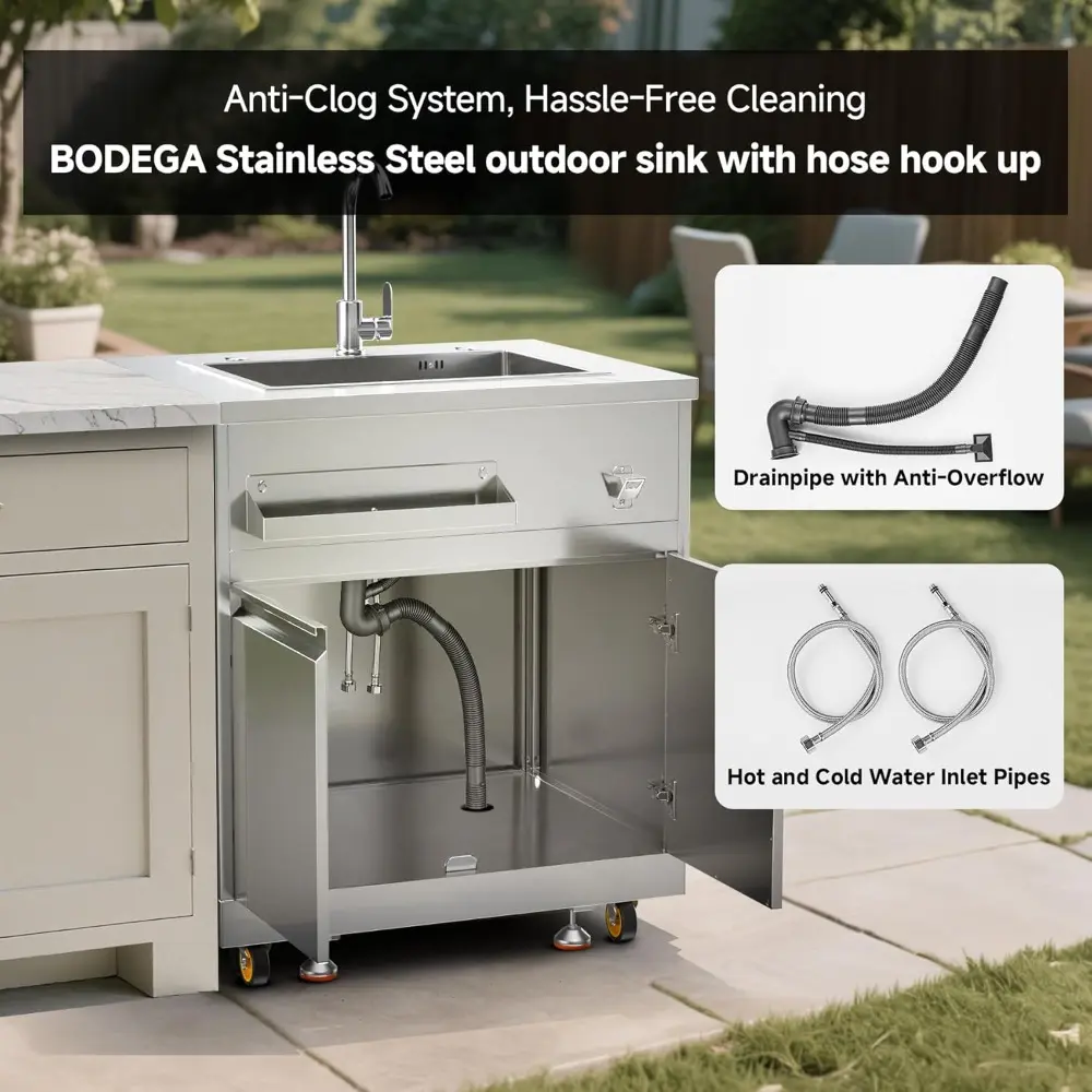 BODEGA Stainless Steel Single bowl kitchen sink Cabinet With hose hookup and Faucet, Outdoor Kitchen Sink with Storage, Brake Wh