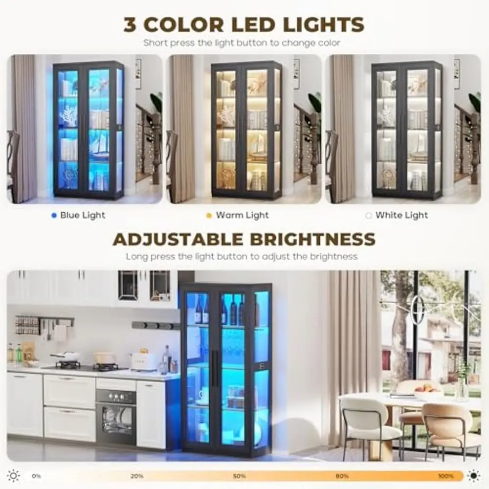 Curio Cabinet with Glass Doors, Bookcase with 4 Shelves, Display Cabinets for Collectibles, China Cabinet with 3 Color LED Light