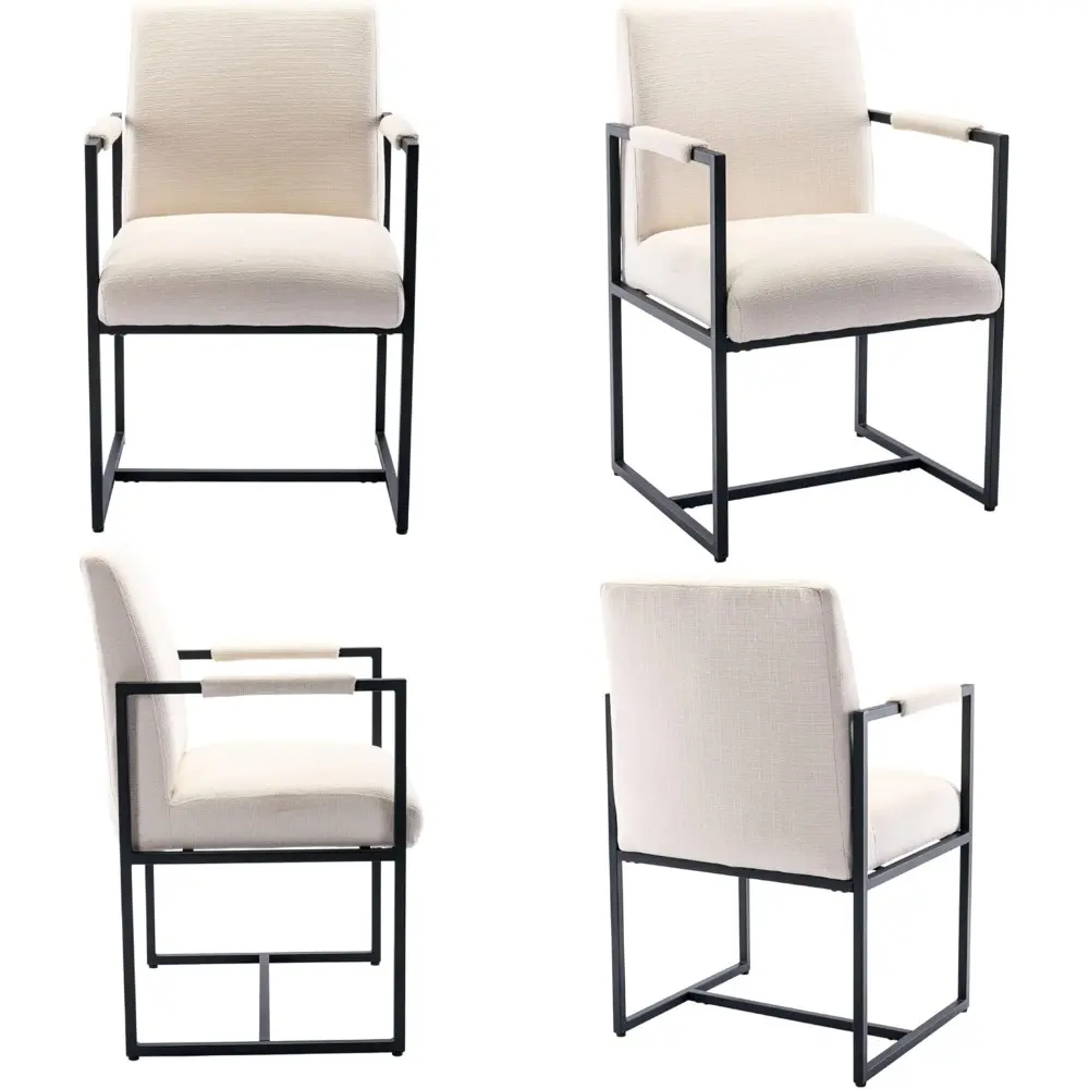 Mid Century Modern Metal Linen Dining Chairs set of 4, Upholstered Kitchen & Dining Room Chairs with Armrest, Comfy Arm Accent C