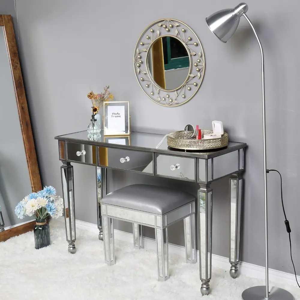 Mirrored Console Table, Modern Makeup Vanity Desk Dressing Table with 3 Drawers, Contemporary Vanity Sofa Side Table Occasional