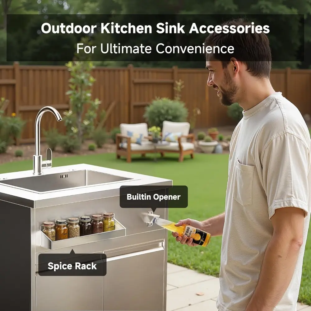 BODEGA Stainless Steel Single bowl kitchen sink Cabinet With hose hookup and Faucet, Outdoor Kitchen Sink with Storage, Brake Wh