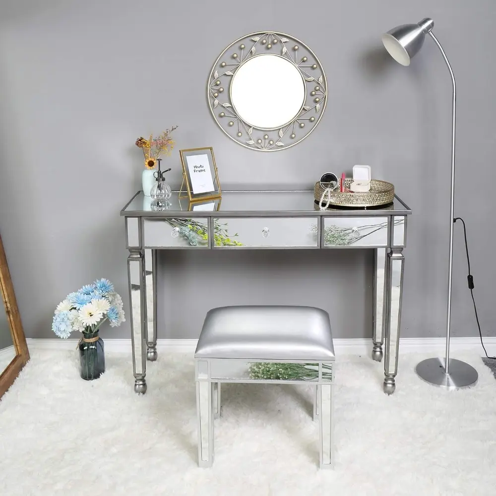 Mirrored Console Table, Modern Makeup Vanity Desk Dressing Table with 3 Drawers, Contemporary Vanity Sofa Side Table Occasional
