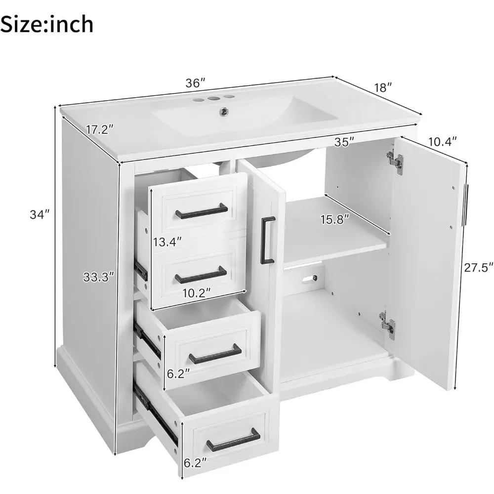 36" Bathroom Vanity with Ceramic Sink Combo, Freestanding Minimalist Vanities Cabinet & Large Adjustable Shelf and 3 Storage Dr