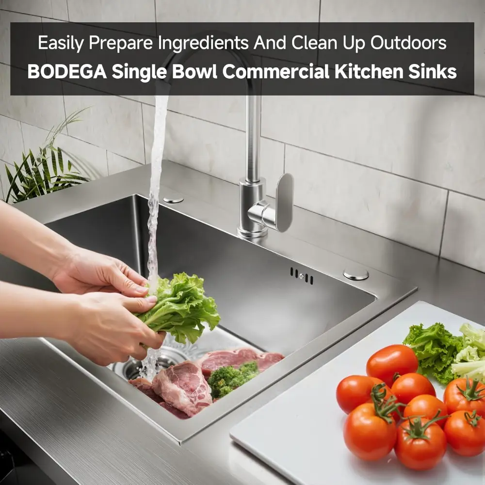 BODEGA Stainless Steel Single bowl kitchen sink Cabinet With hose hookup and Faucet, Outdoor Kitchen Sink with Storage, Brake Wh