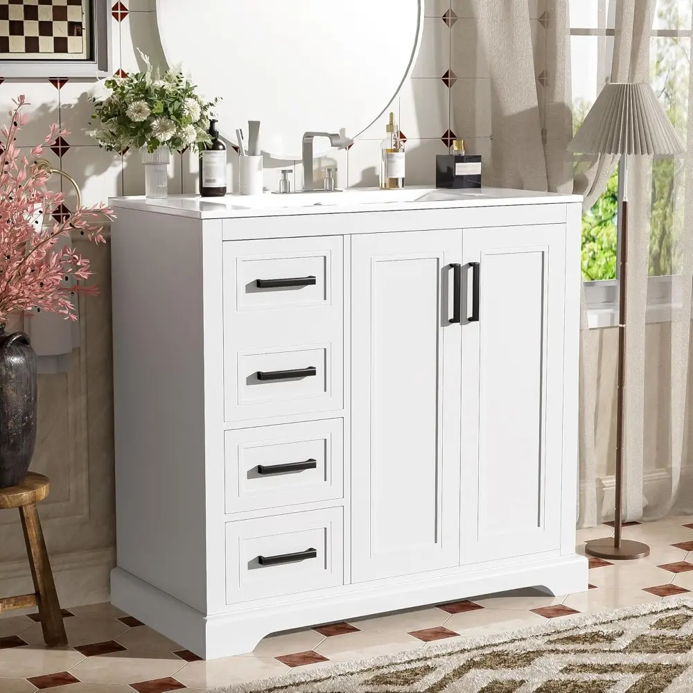 36" Bathroom Vanity with Ceramic Sink Combo, Freestanding Minimalist Vanities Cabinet & Large Adjustable Shelf and 3 Storage Dr