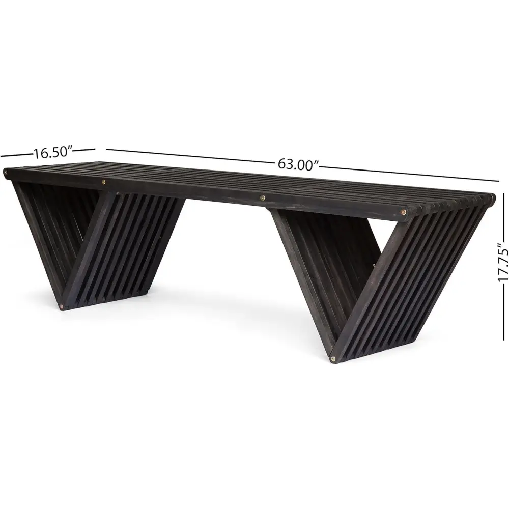 Outdoor Acacia Wood Bench, Patio Dining Benches Weatherproof, Modern Industrial Bench with Triangle Base, Backless Acacia Wood B