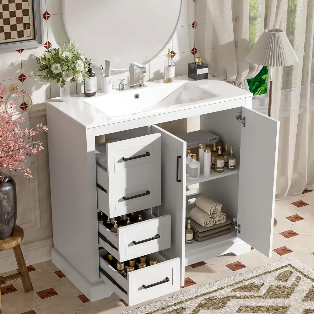 36" Bathroom Vanity with Ceramic Sink Combo, Freestanding Minimalist Vanities Cabinet & Large Adjustable Shelf and 3 Storage Dr