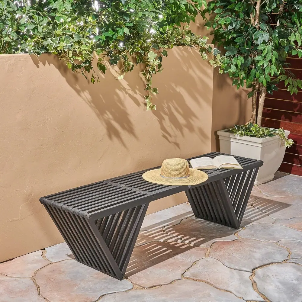 Outdoor Acacia Wood Bench, Patio Dining Benches Weatherproof, Modern Industrial Bench with Triangle Base, Backless Acacia Wood B