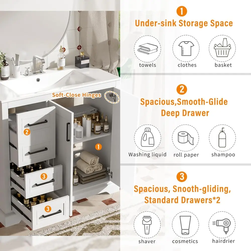 36" Bathroom Vanity with Ceramic Sink Combo, Freestanding Minimalist Vanities Cabinet & Large Adjustable Shelf and 3 Storage Dr