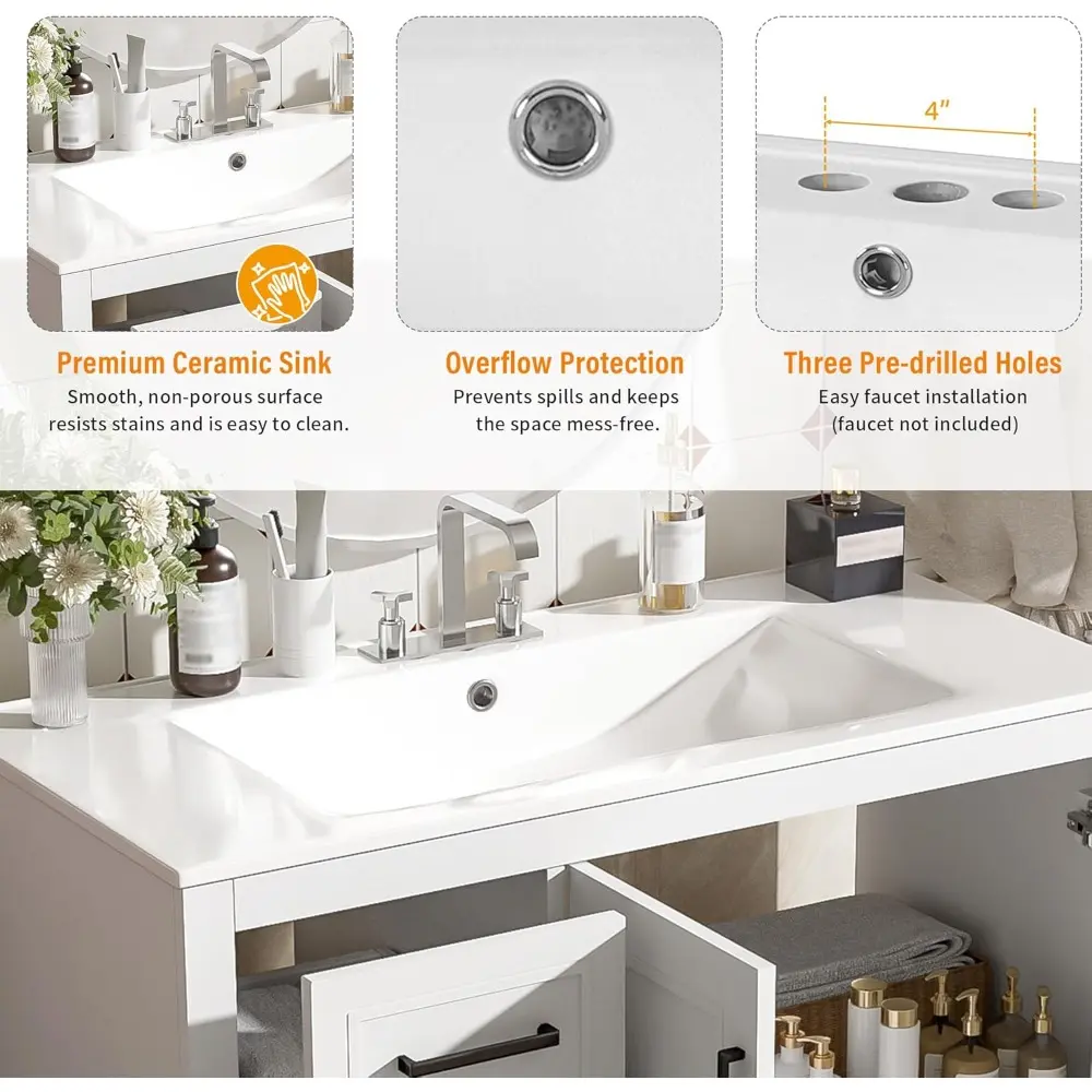 36" Bathroom Vanity with Ceramic Sink Combo, Freestanding Minimalist Vanities Cabinet & Large Adjustable Shelf and 3 Storage Dr