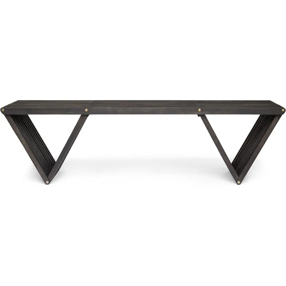 Outdoor Acacia Wood Bench, Patio Dining Benches Weatherproof, Modern Industrial Bench with Triangle Base, Backless Acacia Wood B
