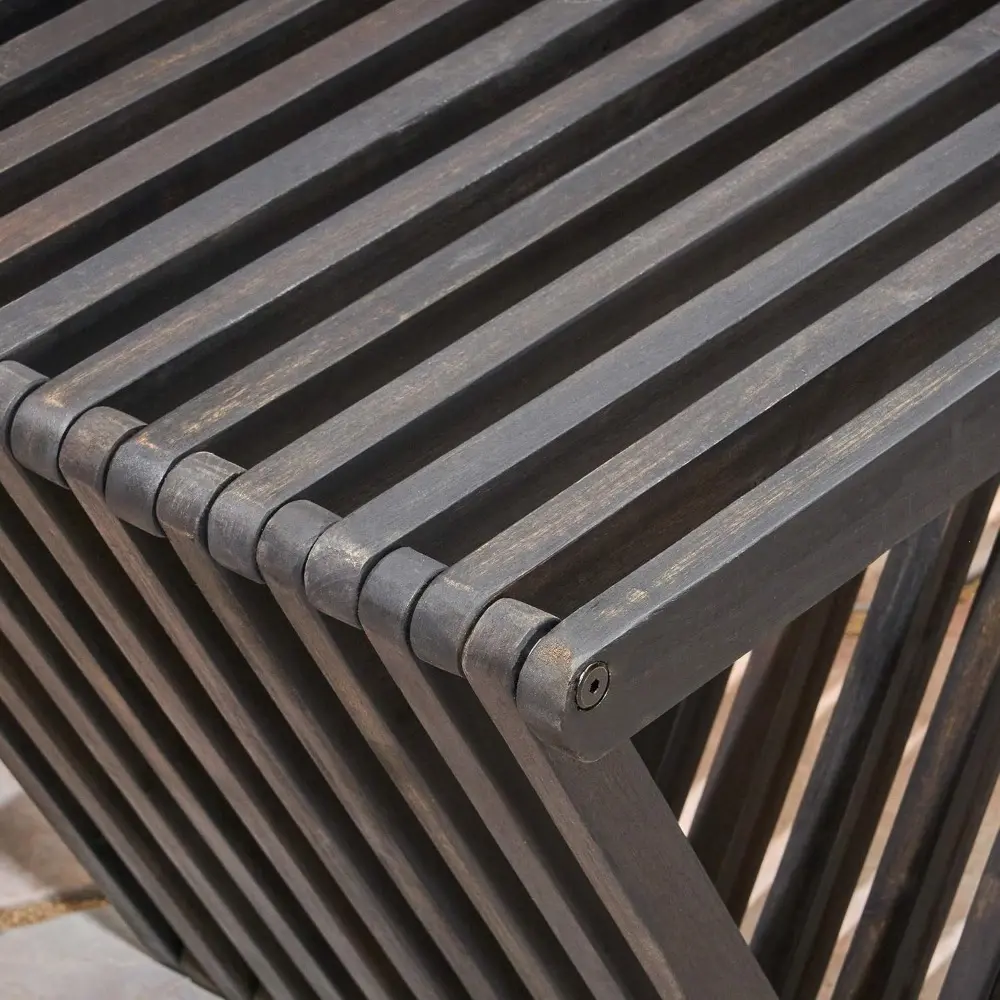 Outdoor Acacia Wood Bench, Patio Dining Benches Weatherproof, Modern Industrial Bench with Triangle Base, Backless Acacia Wood B