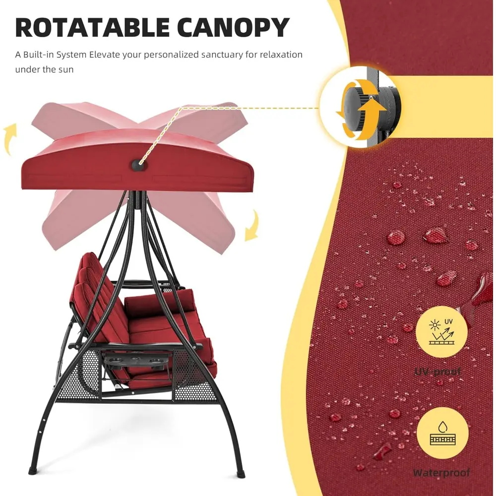 3 Person Outdoor Porch Swing with 1.5" Upgraded Cup Holder, Adjustable Canopy, Backrest, Patio Swing Bed with Weather Resistant