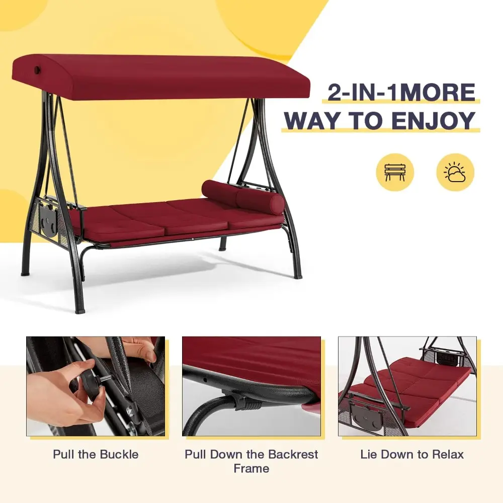 3 Person Outdoor Porch Swing with 1.5" Upgraded Cup Holder, Adjustable Canopy, Backrest, Patio Swing Bed with Weather Resistant