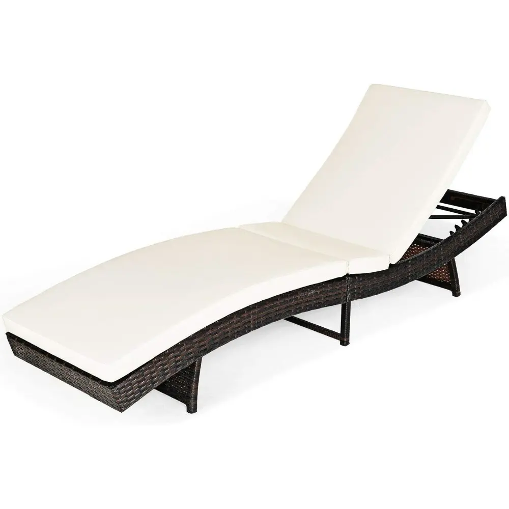 2PCS White Patio Rattan Folding Lounge Chair Chaise Lounge Sunbathing Bed Lounger Recliner Thick Cushion 5 Reclining Positions F