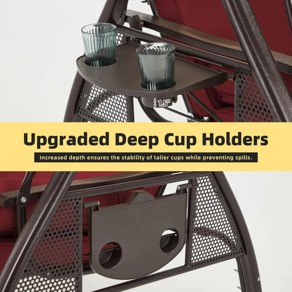 3 Person Outdoor Porch Swing with 1.5" Upgraded Cup Holder, Adjustable Canopy, Backrest, Patio Swing Bed with Weather Resistant