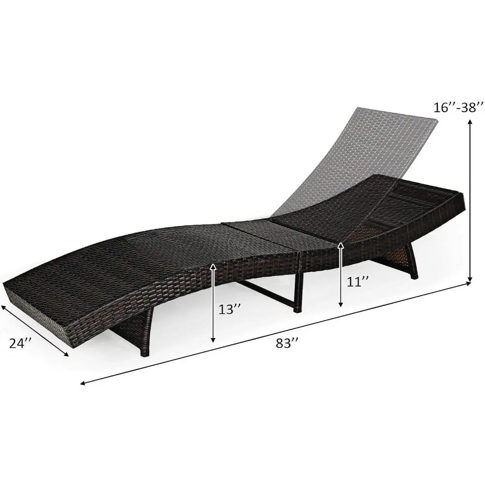 2PCS White Patio Rattan Folding Lounge Chair Chaise Lounge Sunbathing Bed Lounger Recliner Thick Cushion 5 Reclining Positions F
