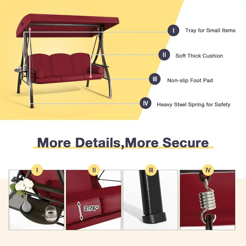 3 Person Outdoor Porch Swing with 1.5" Upgraded Cup Holder, Adjustable Canopy, Backrest, Patio Swing Bed with Weather Resistant