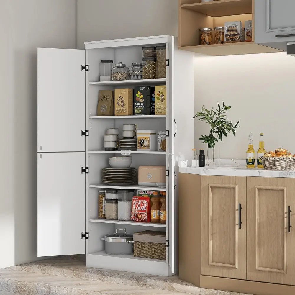 70" Kitchen Pantry Cabinet, Freestanding Storage Cabinet with 4 Doors and 2 Adjustable Shelves for Dining Room, White