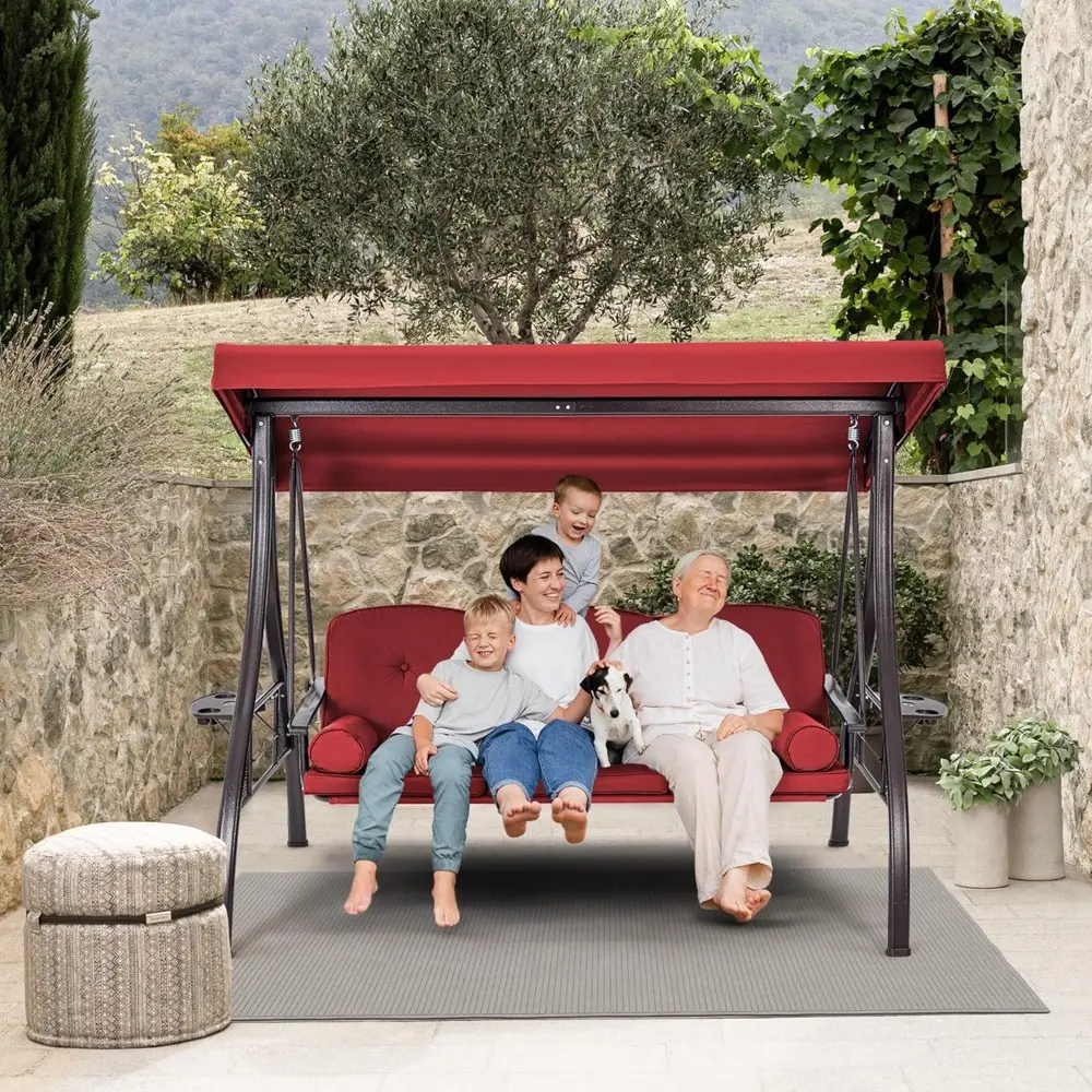 3 Person Outdoor Porch Swing with 1.5" Upgraded Cup Holder, Adjustable Canopy, Backrest, Patio Swing Bed with Weather Resistant