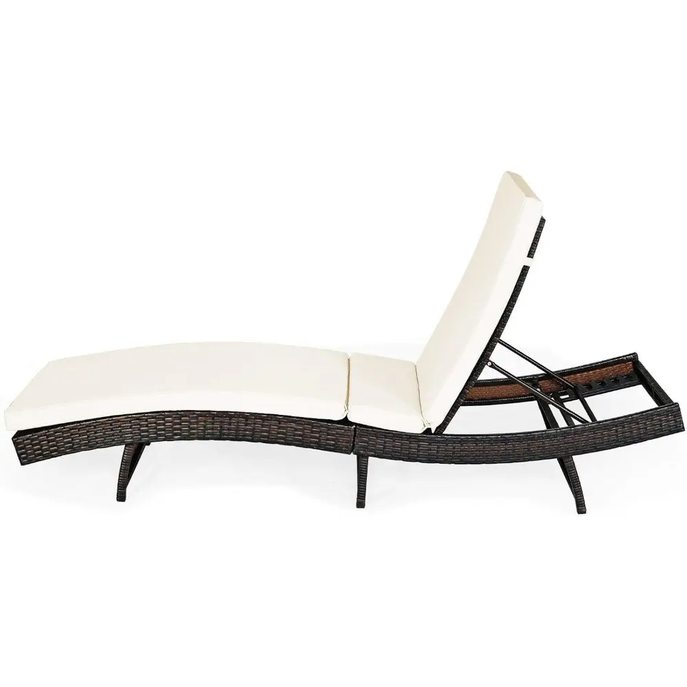 2PCS White Patio Rattan Folding Lounge Chair Chaise Lounge Sunbathing Bed Lounger Recliner Thick Cushion 5 Reclining Positions F