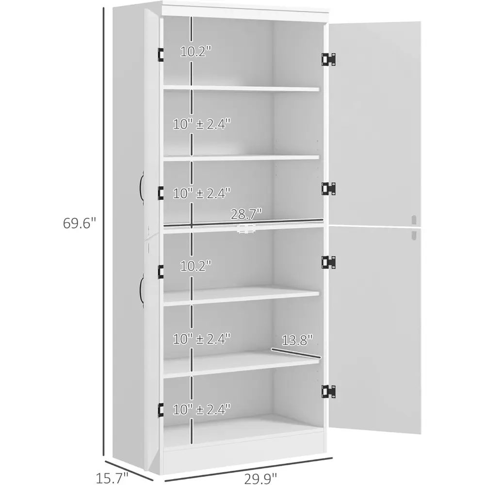 70" Kitchen Pantry Cabinet, Freestanding Storage Cabinet with 4 Doors and 2 Adjustable Shelves for Dining Room, White