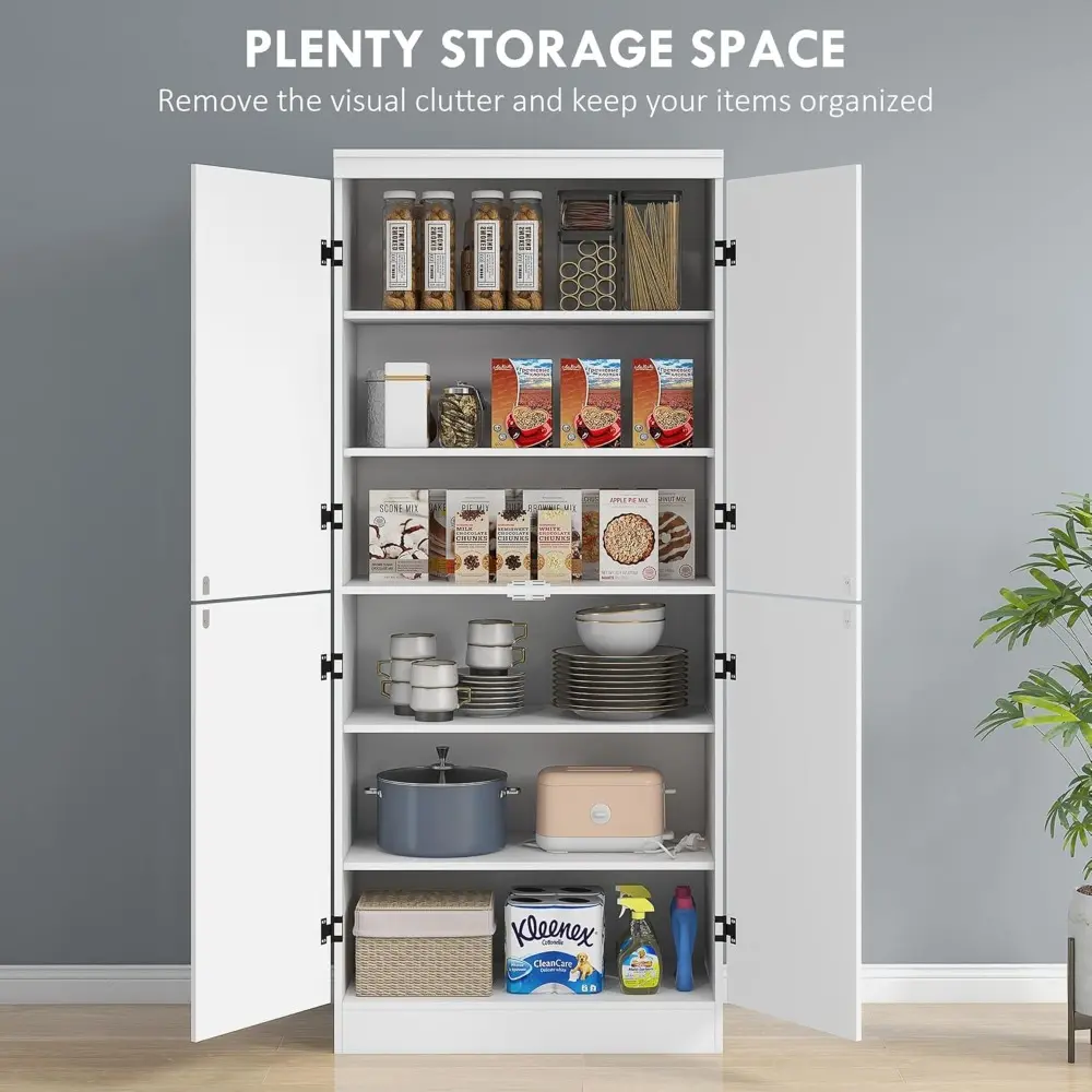 70" Kitchen Pantry Cabinet, Freestanding Storage Cabinet with 4 Doors and 2 Adjustable Shelves for Dining Room, White