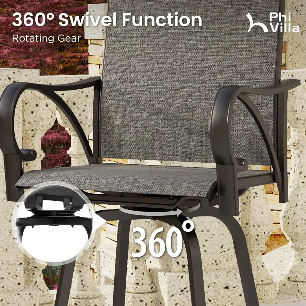Outdoor Swivel Bar Stools Set for 4, Metal Patio Bar Table and Chairs Set with Grey Textilene Fabric for Outside