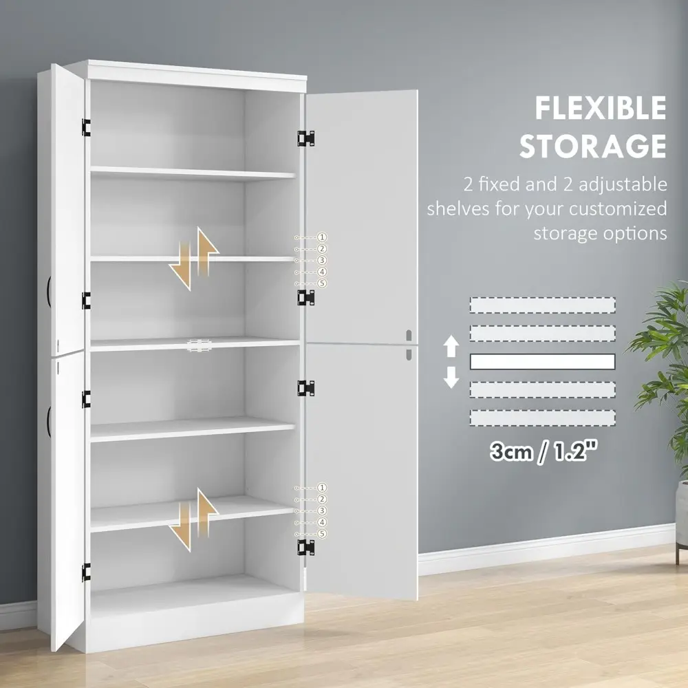 70" Kitchen Pantry Cabinet, Freestanding Storage Cabinet with 4 Doors and 2 Adjustable Shelves for Dining Room, White