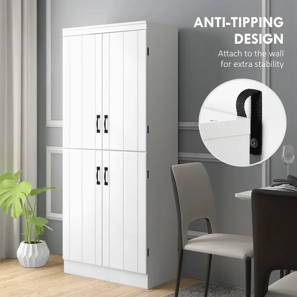 70" Kitchen Pantry Cabinet, Freestanding Storage Cabinet with 4 Doors and 2 Adjustable Shelves for Dining Room, White