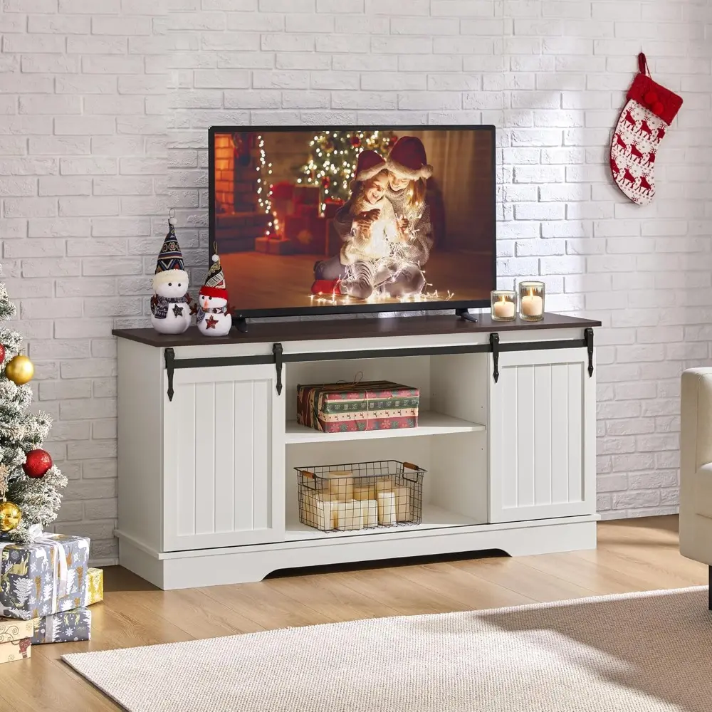 TV Stand for 65 Inch TV, Farmhouse Entertainment Center with Sliding Barn Doors, TV Media Console for Living Room, White & Espr