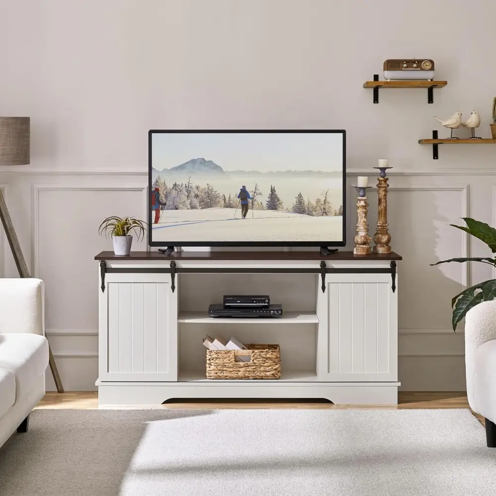 TV Stand for 65 Inch TV, Farmhouse Entertainment Center with Sliding Barn Doors, TV Media Console for Living Room, White & Espr