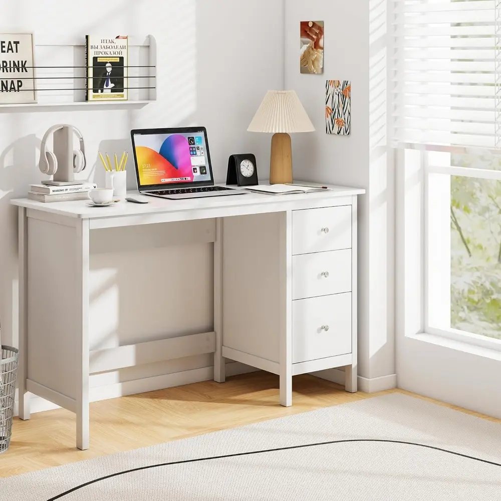 White Desk with Drawers, Modern Home Office Computer Desk with Storage Drawers & Spacious Desktop, Compact Writing Study Desk L