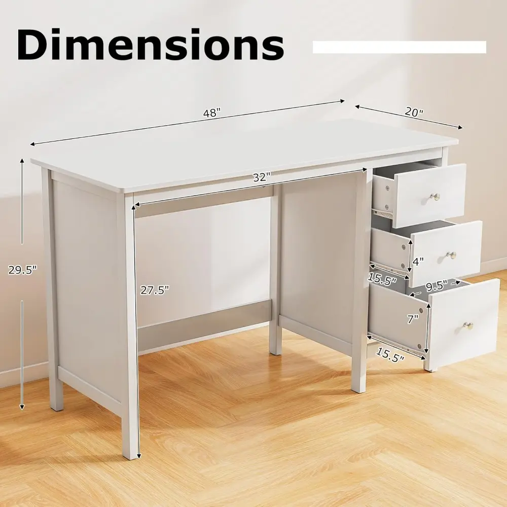White Desk with Drawers, Modern Home Office Computer Desk with Storage Drawers & Spacious Desktop, Compact Writing Study Desk L