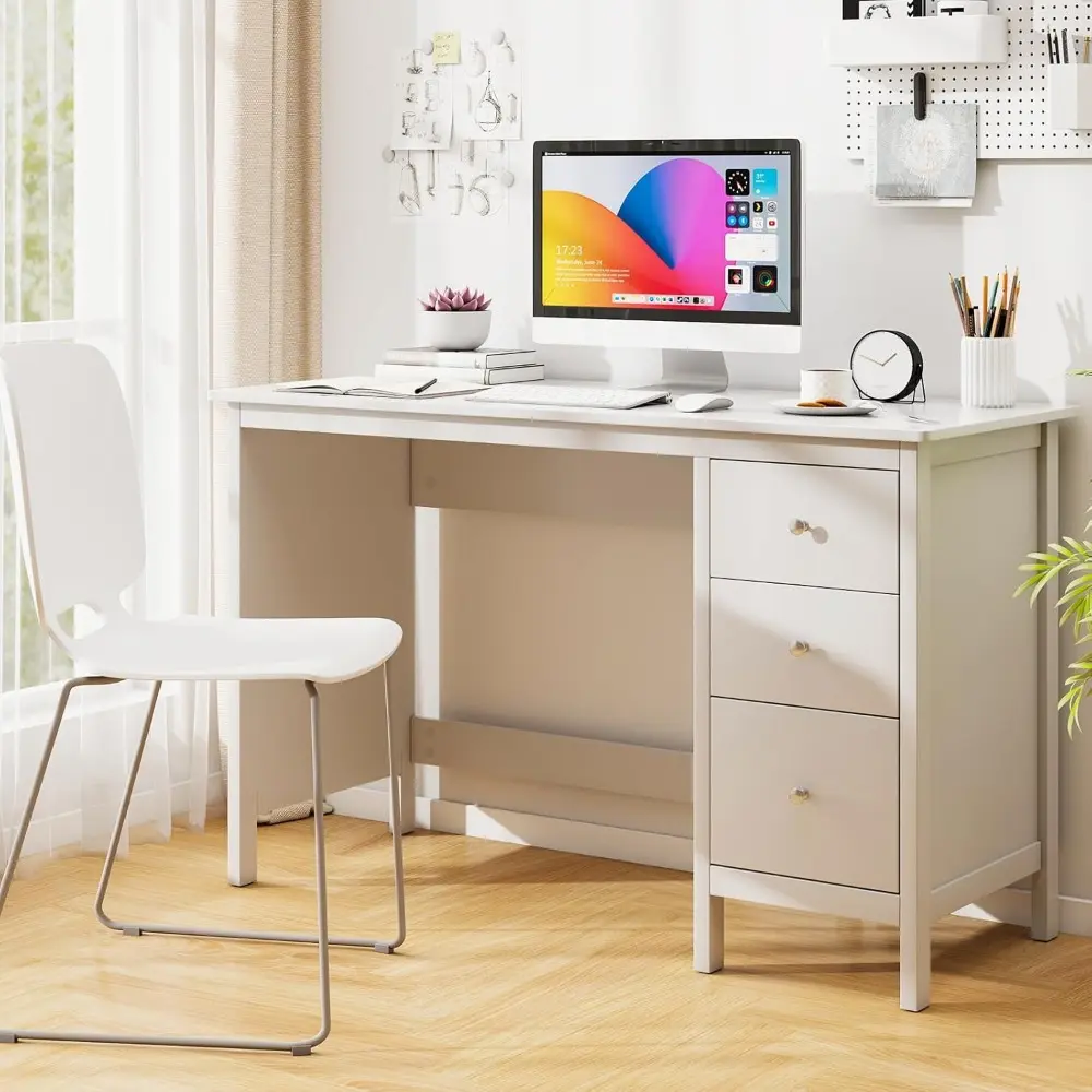 White Desk with Drawers, Modern Home Office Computer Desk with Storage Drawers & Spacious Desktop, Compact Writing Study Desk L