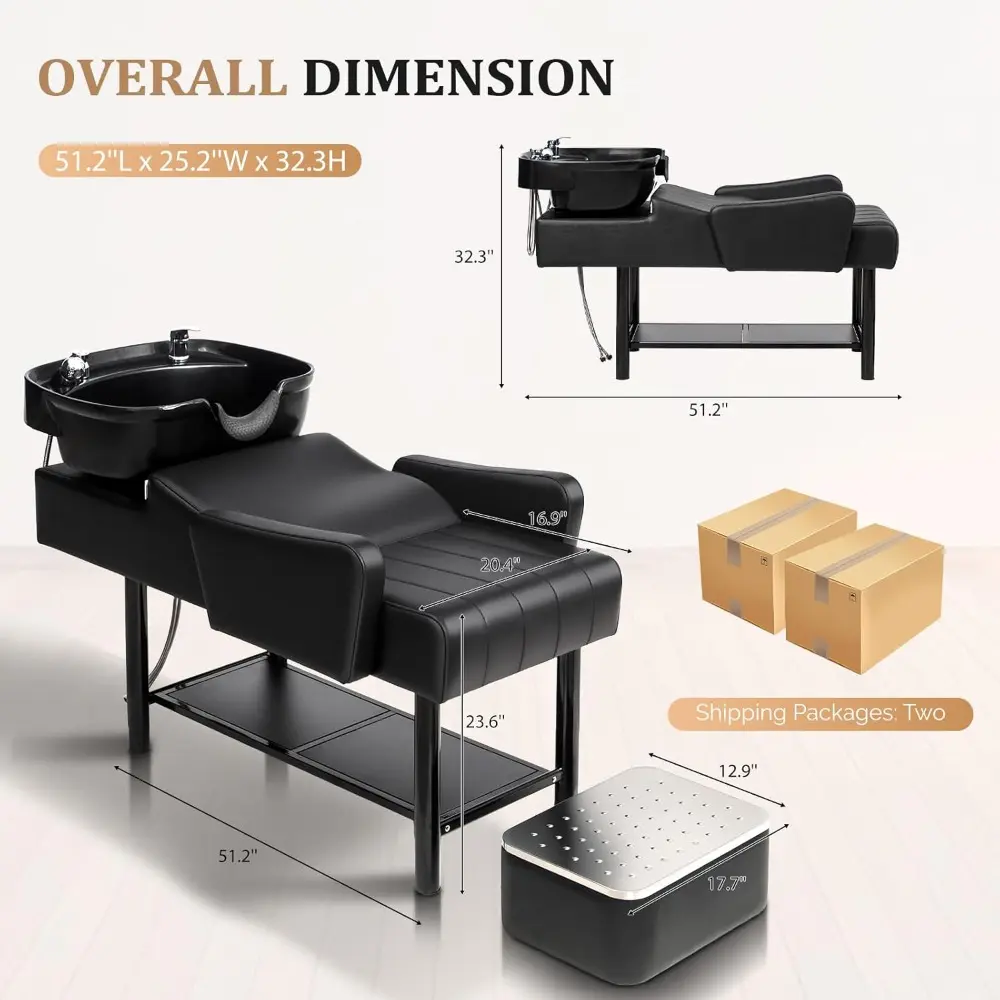 Shampoo Bowl Backwash Unit with UPC Certified Sink & Storage Shelf, Hair Wash Chair Shampoo Station, Barbershop Beauty Spa Mass