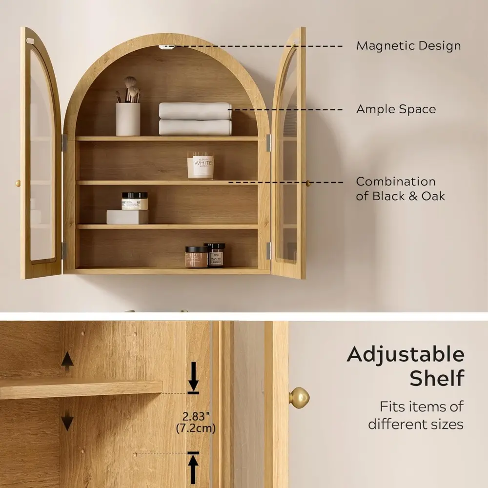 Large Arched Wall Cabinet, Bathroom Medicine Wall Mounted Cupboard, Modern Floating Storage Cabinet with Acrylic Door Adjustable