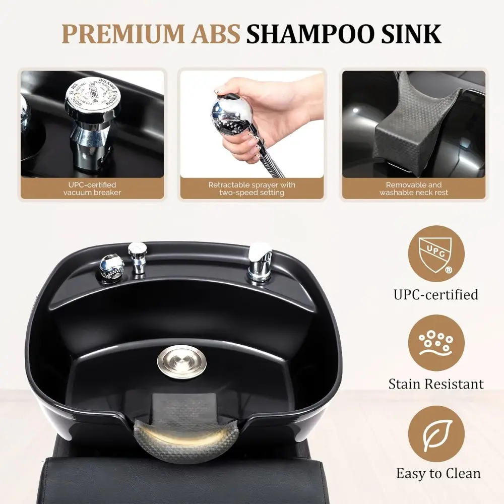 Shampoo Bowl Backwash Unit with UPC Certified Sink & Storage Shelf, Hair Wash Chair Shampoo Station, Barbershop Beauty Spa Mass