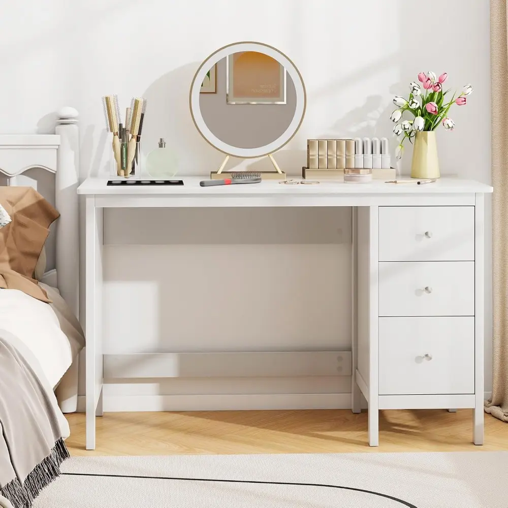 White Desk with Drawers, Modern Home Office Computer Desk with Storage Drawers & Spacious Desktop, Compact Writing Study Desk L