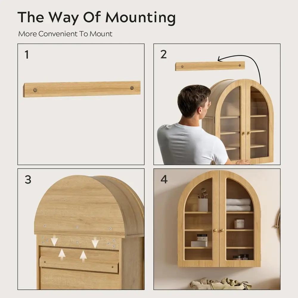 Large Arched Wall Cabinet, Bathroom Medicine Wall Mounted Cupboard, Modern Floating Storage Cabinet with Acrylic Door Adjustable