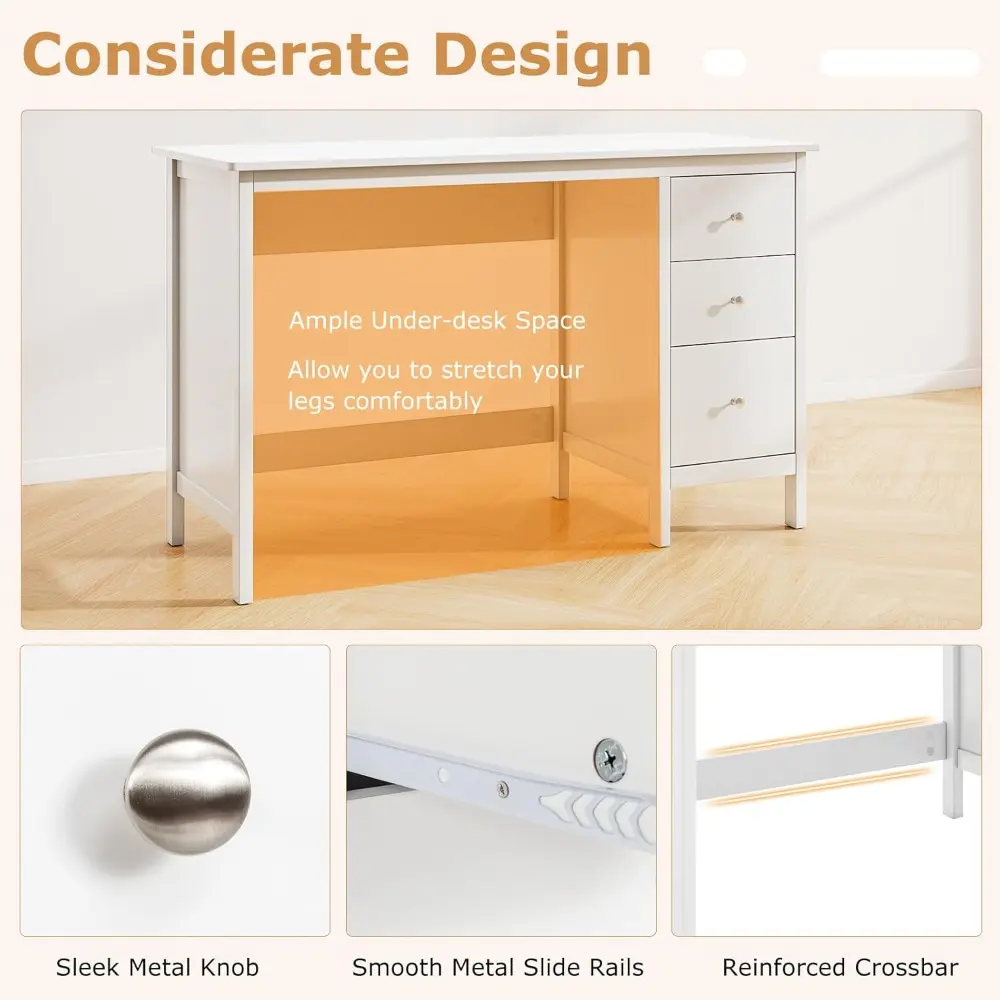 White Desk with Drawers, Modern Home Office Computer Desk with Storage Drawers & Spacious Desktop, Compact Writing Study Desk L