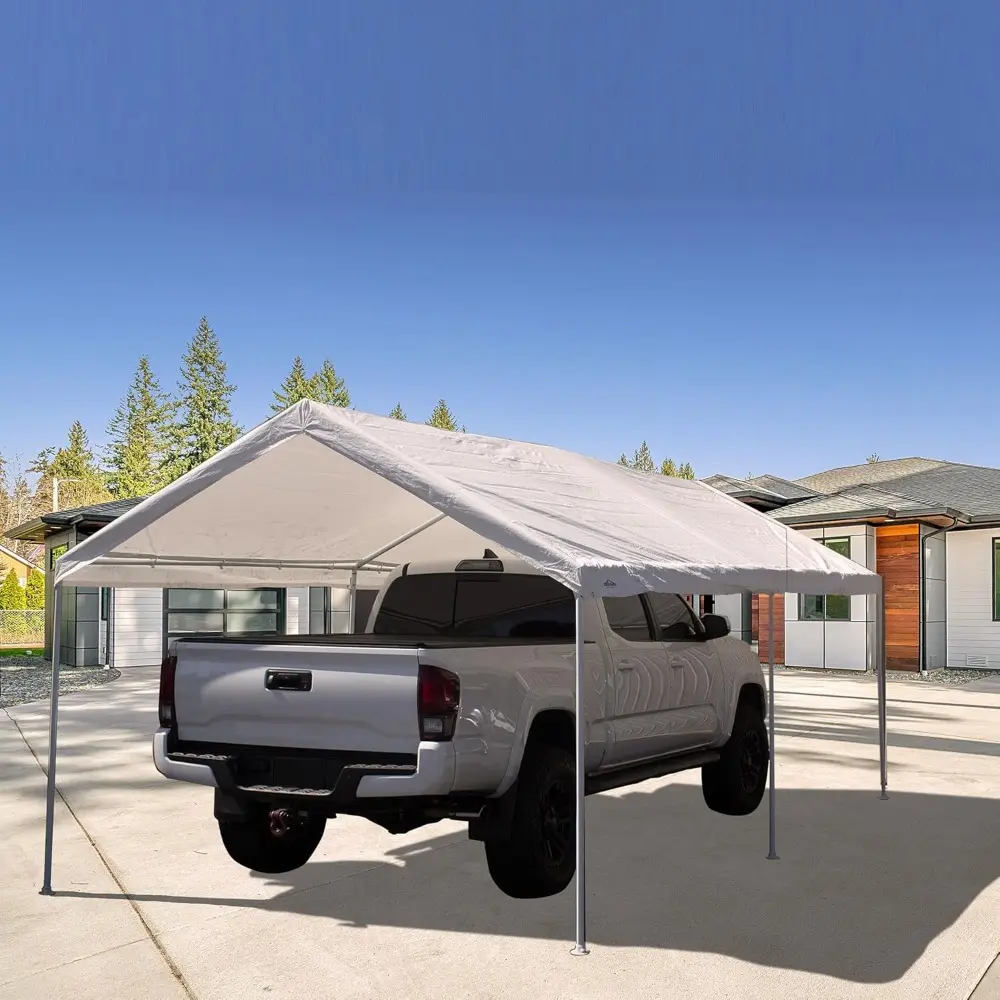 Canopy Powder Coated Heavy Duty Steel Frame Pop Up Carport with 6 Steel Stakes for Outdoor Activities and Events, White