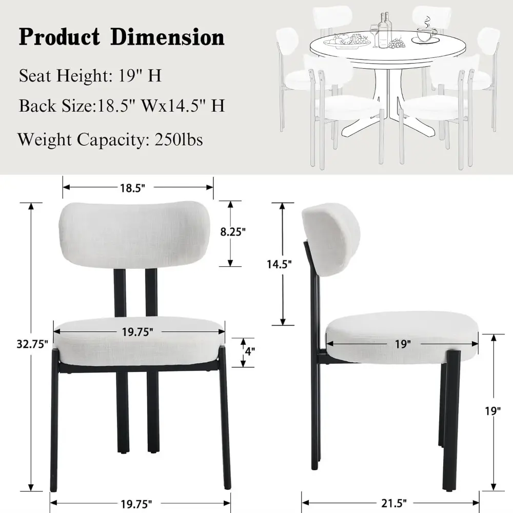 Modern Dining Chairs Set of 4, Linen Upholstered Dining Room Chairs with Curved Back Black Metal Legs, Armless Kitchen Side Chai