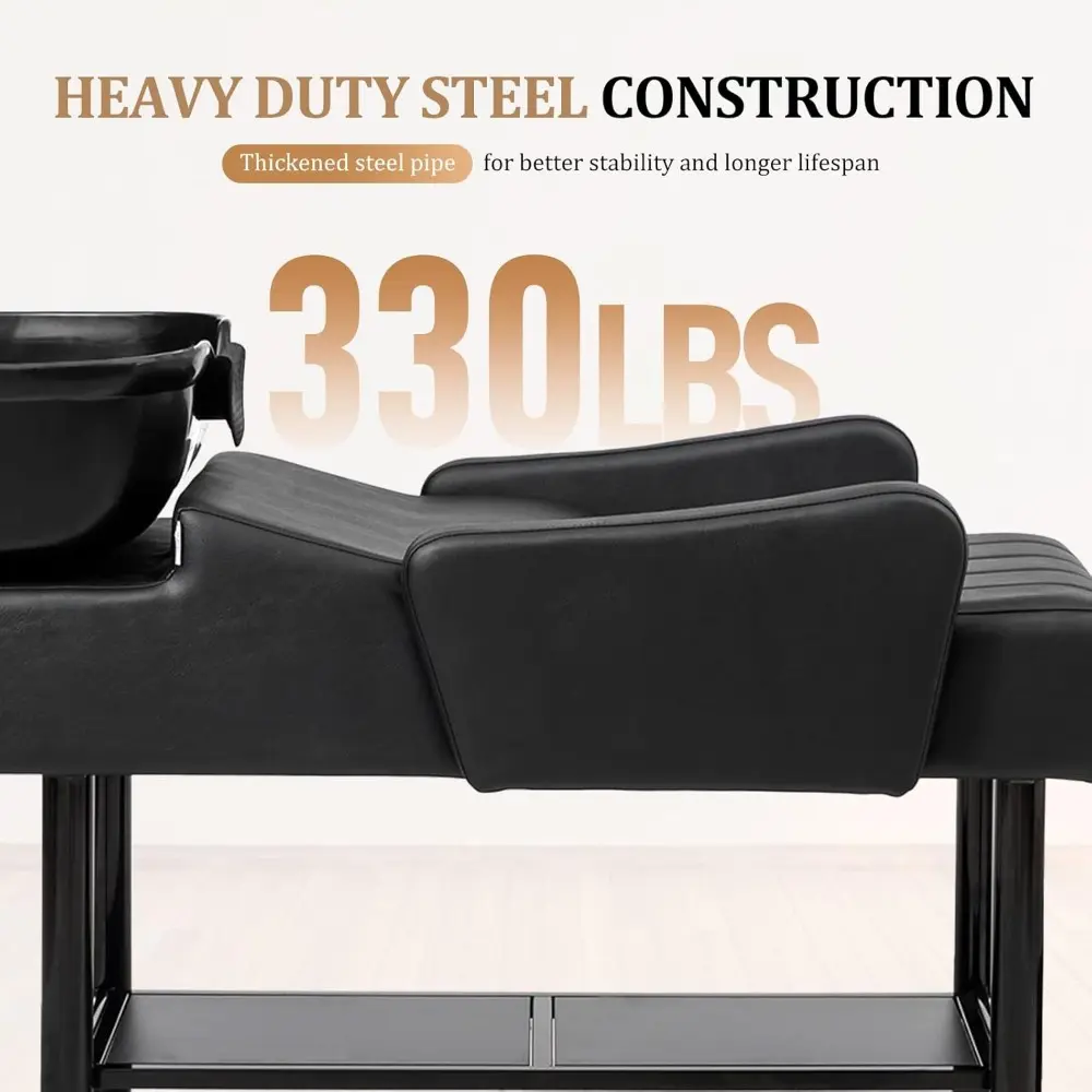Shampoo Bowl Backwash Unit with UPC Certified Sink & Storage Shelf, Hair Wash Chair Shampoo Station, Barbershop Beauty Spa Mass