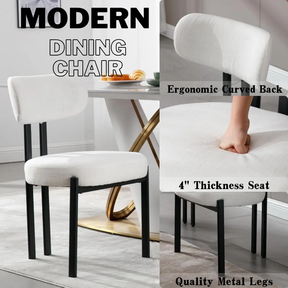 Modern Dining Chairs Set of 4, Linen Upholstered Dining Room Chairs with Curved Back Black Metal Legs, Armless Kitchen Side Chai