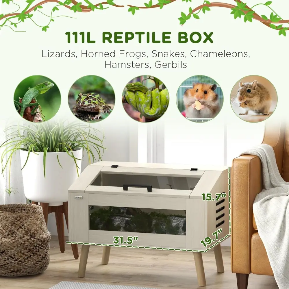 Reptile Terrarium 30 Gallon Top Opening Reptile Tank with Glass Windows Air Ventilations, Wooden Hamster Cage for Snakes Lizard