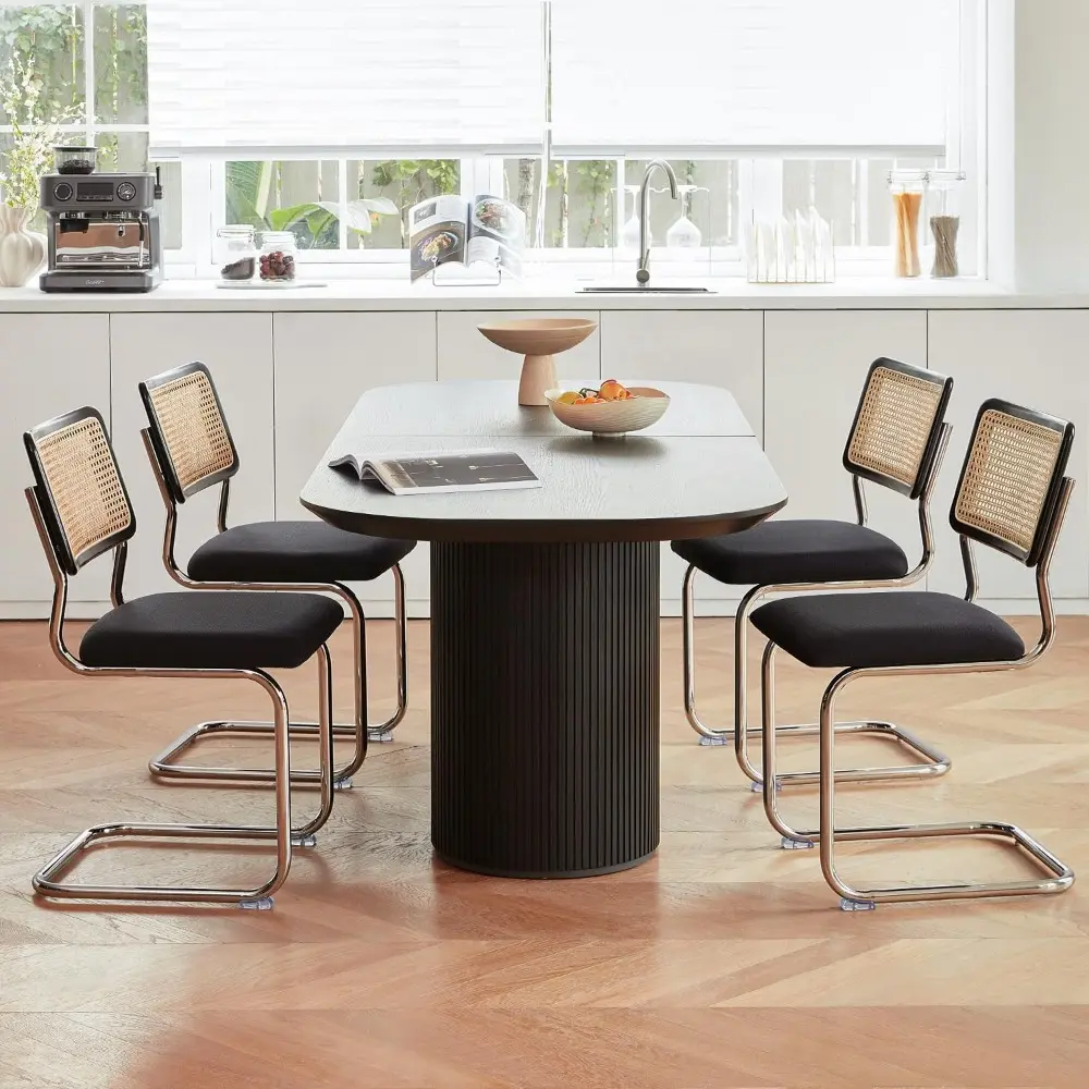 Black Chrome Rattan Dining Chairs Set of 4,Wooden Mid-Century Modern Kitchen Chairs, Mesh Back Cane Dining Room Chairs, Cesca De