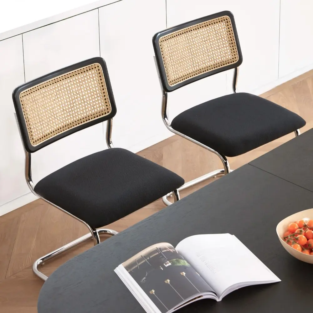 Black Chrome Rattan Dining Chairs Set of 4,Wooden Mid-Century Modern Kitchen Chairs, Mesh Back Cane Dining Room Chairs, Cesca De