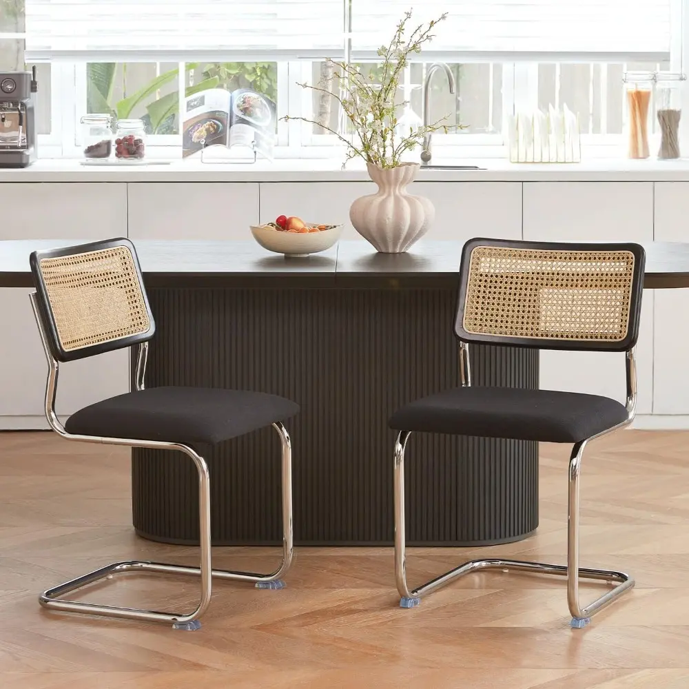 Black Chrome Rattan Dining Chairs Set of 4,Wooden Mid-Century Modern Kitchen Chairs, Mesh Back Cane Dining Room Chairs, Cesca De