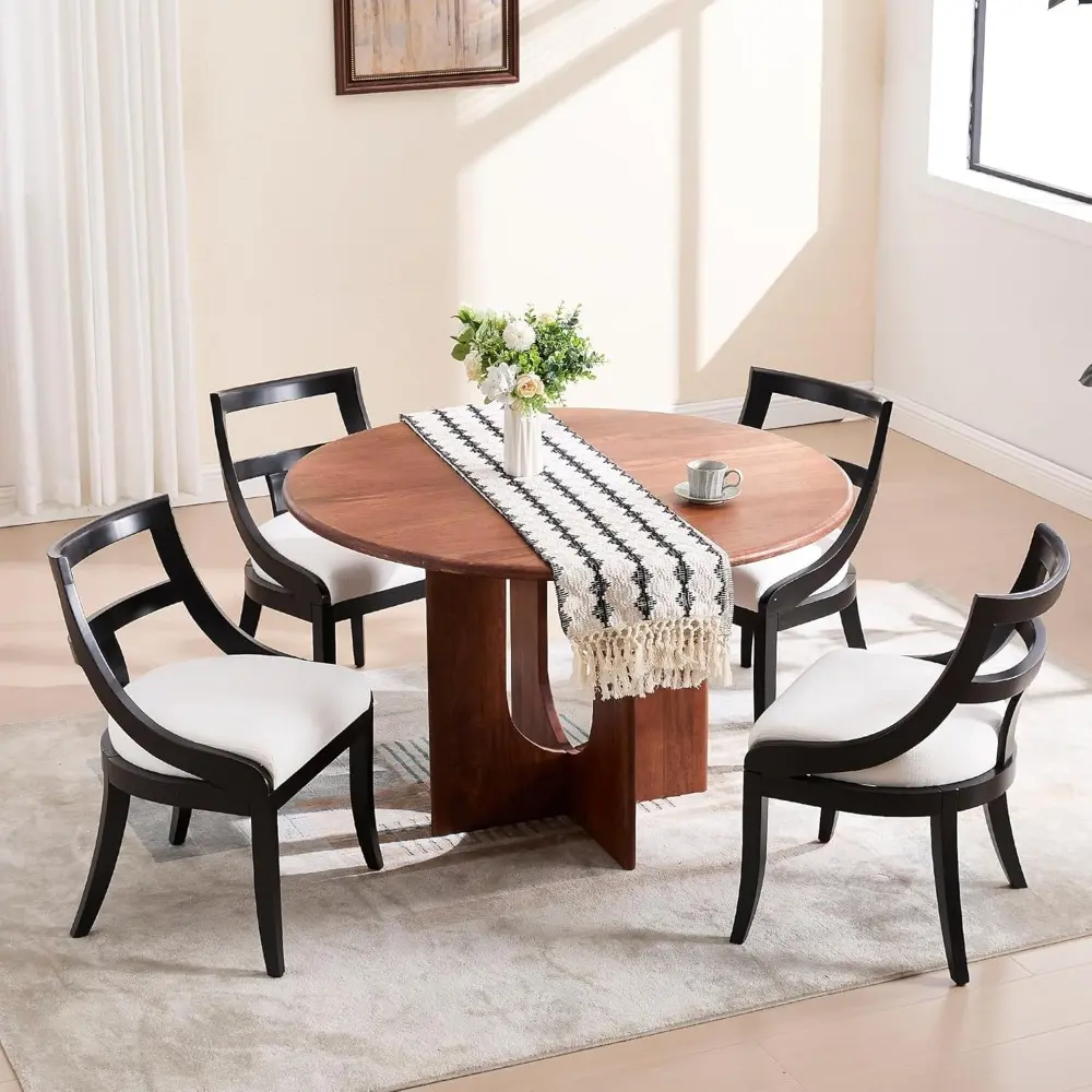 Modern Farmhouse Dining Chairs Set of 4 Mid Century Upholstered Dining Chair with Wooden Curved Back Kitchen Chairs for Dining R